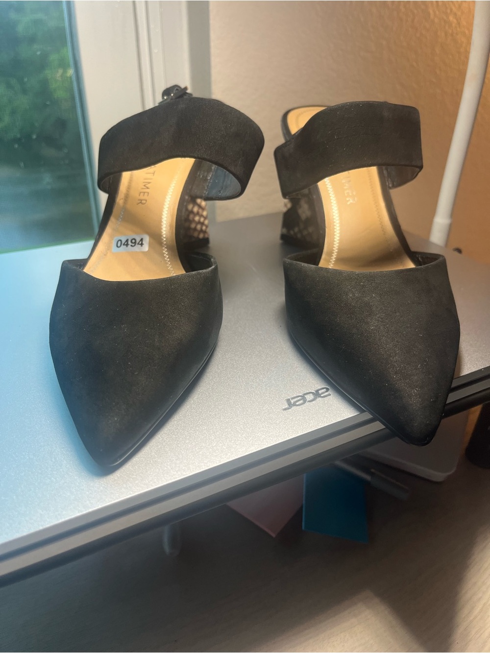 Gibson Latimer 494 Black Pointed-Toe Slingback Heels with Patterned Block Heel